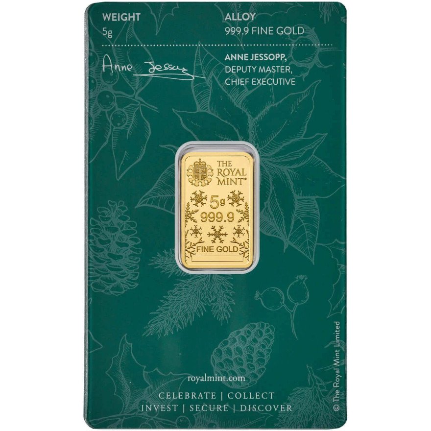 Back of the Gold bar 5 g Christmas Tree - The Royal Mint in the blister card