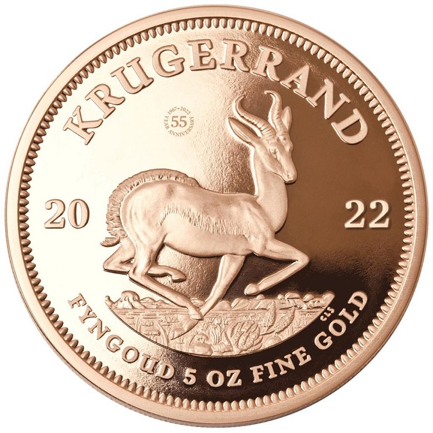 Front of the Gold Krugerrand 5 oz PF - 55th Anniversary