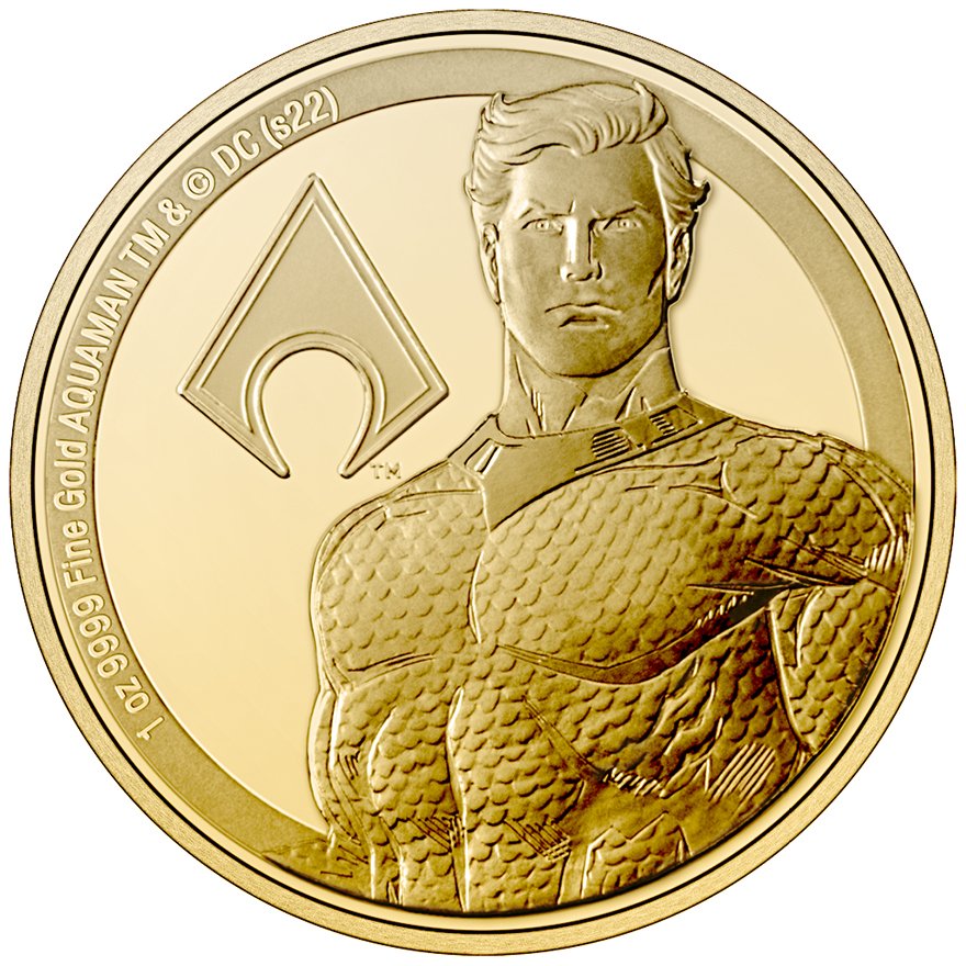Front of the Gold Classic Superheroes 1 oz PF - Aquaman