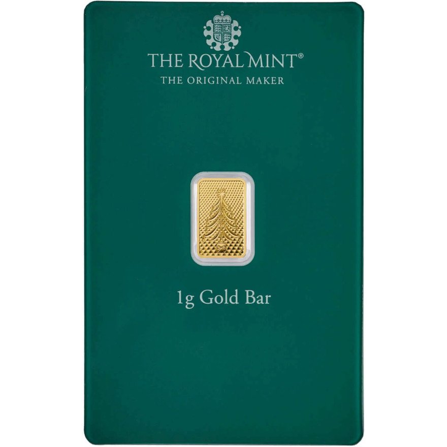 Front of the Gold bar 1 g Christmas Tree - The Royal Mint in the blister card