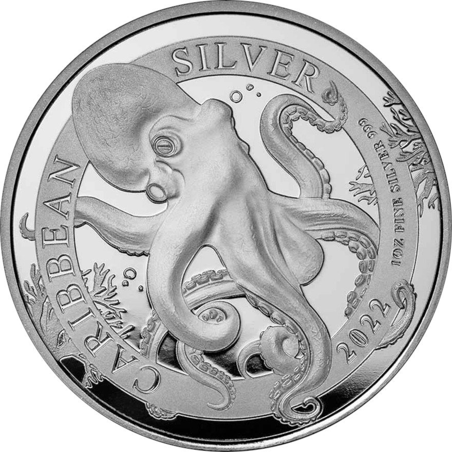 Front of the Silver Barbados Octopus 1 oz - 2022 - 19%
