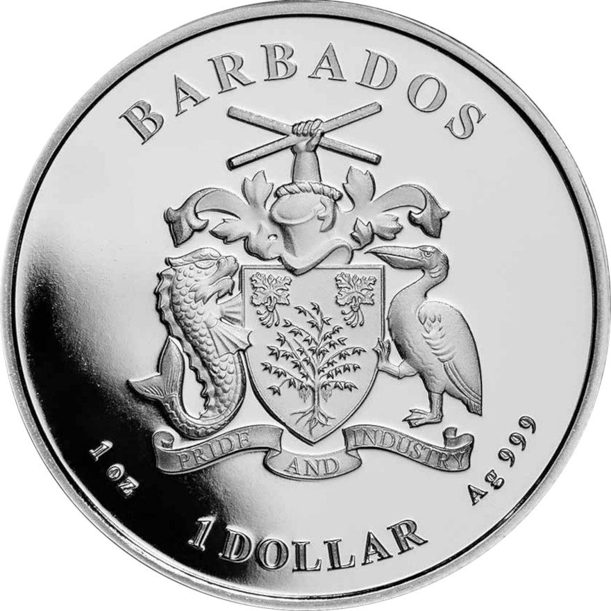 Back of the Silver Barbados Octopus 1 oz - 2022 - 19%