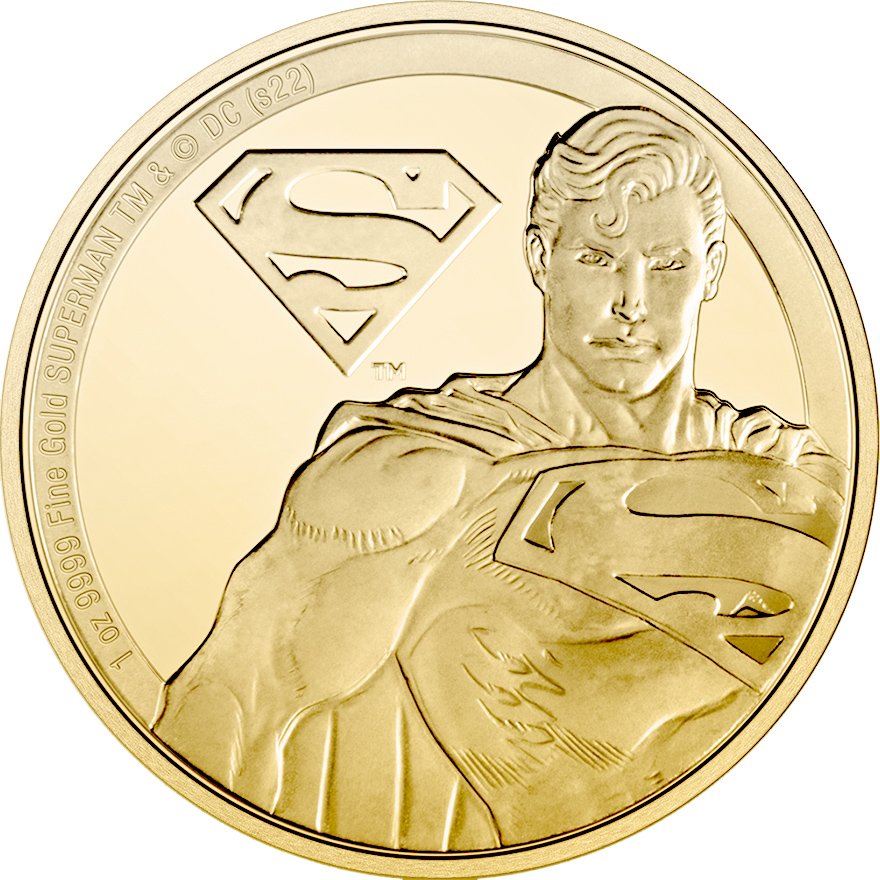 Front of the Gold Classic Superheroes 1 oz PF - Superman