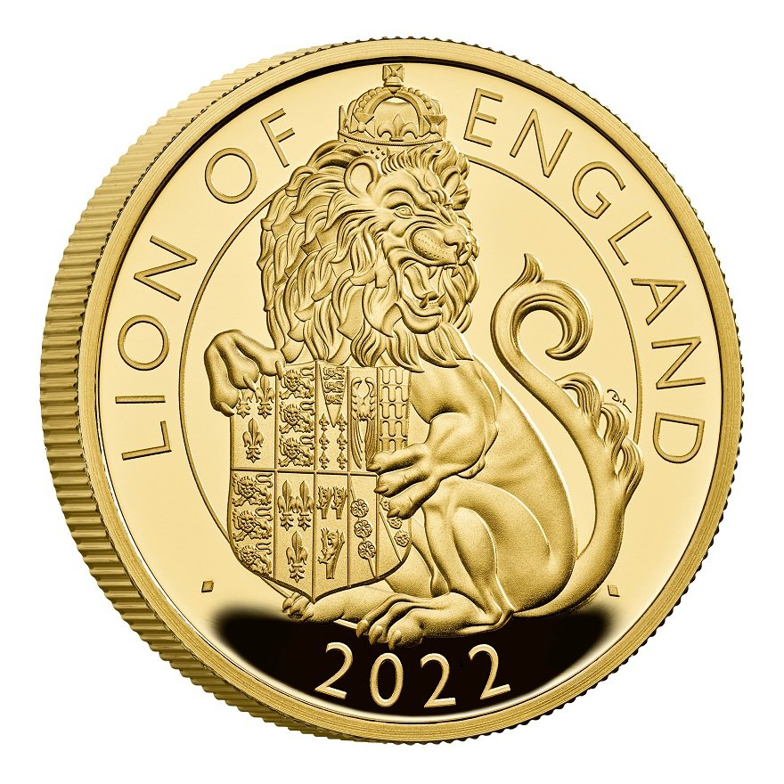 Side view of the Gold Lion of England 1 oz PF - Royal Tudor Beasts 2022