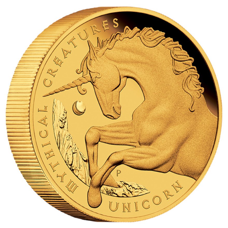 Side view of the Gold Mythical Creatures 5 oz PF - Unicorn 2021