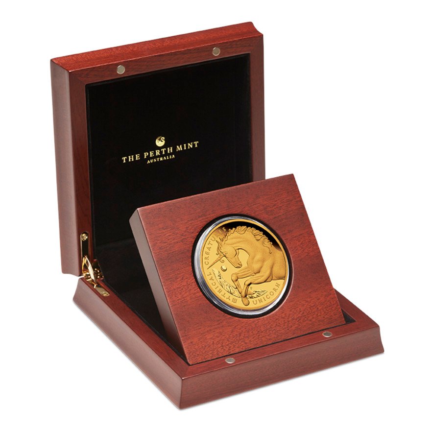 Gold Mythical Creatures 5 oz PF - Unicorn 2021 in the original coin case