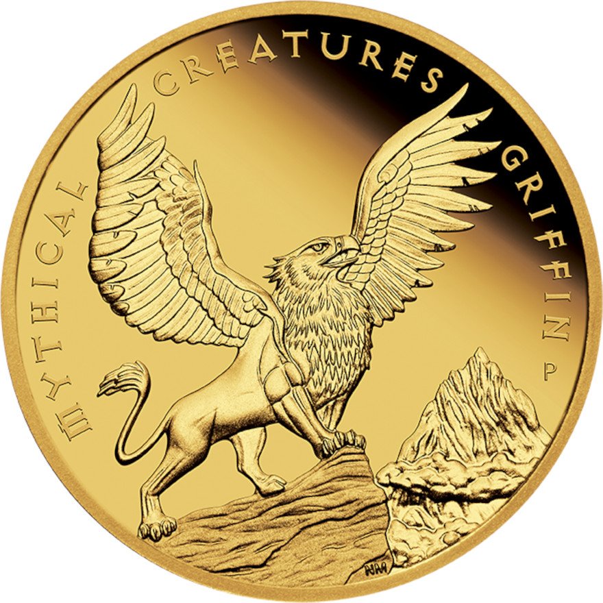 Front of the Gold Mythical Creatures 5 oz PF - Griffin 2022