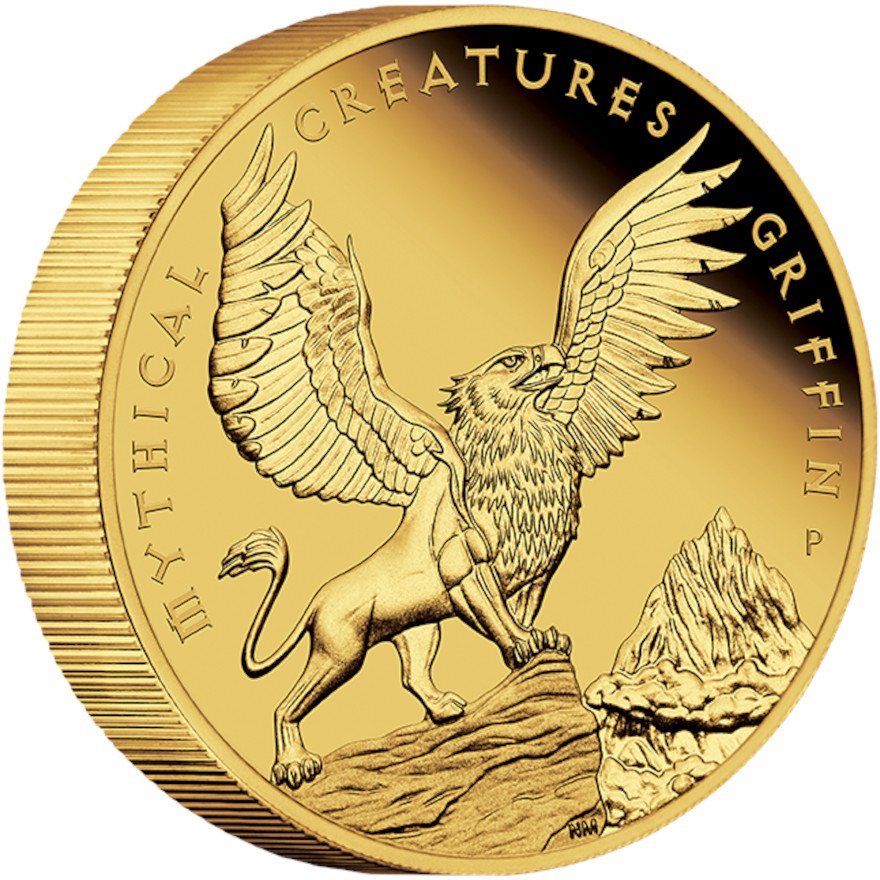 Side view of the Gold Mythical Creatures 5 oz PF - Griffin 2022
