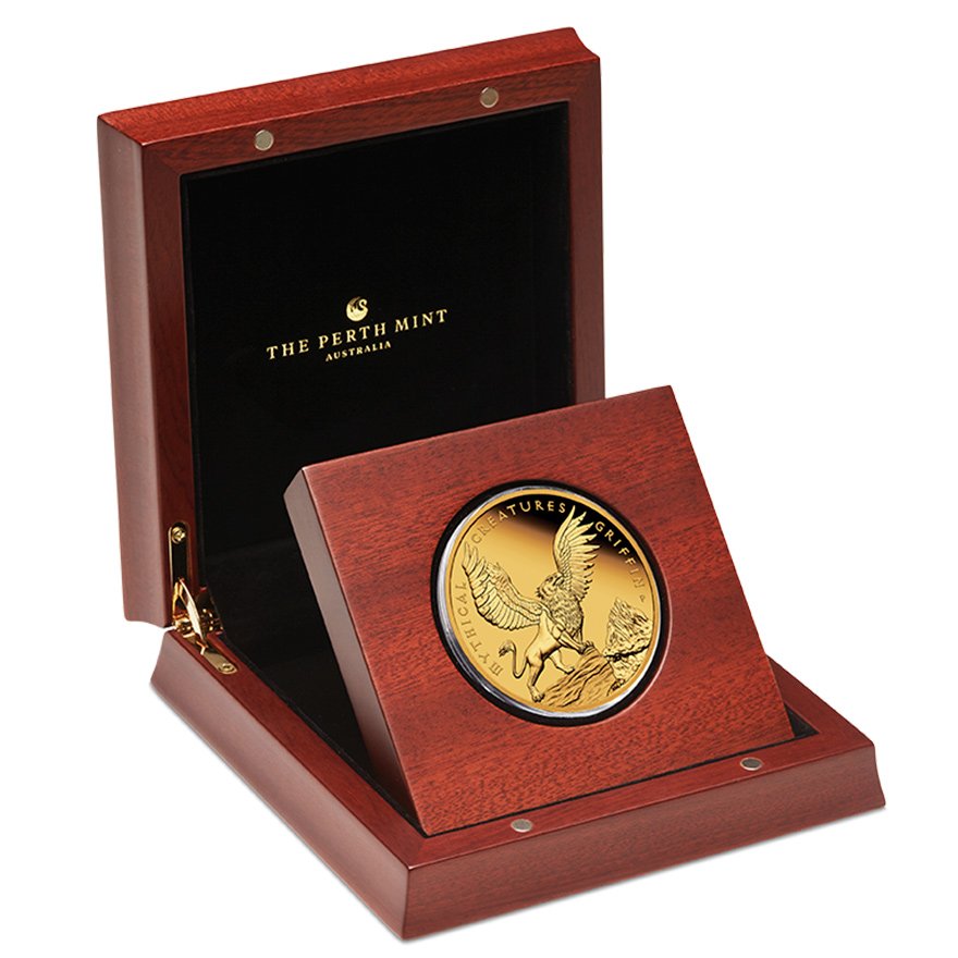 Gold Mythical Creatures 5 oz PF - Griffin 2022 in the original coin case
