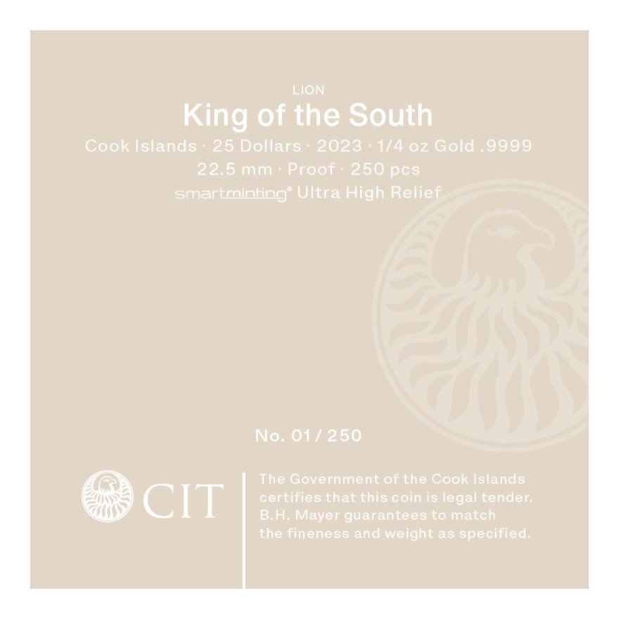View 4: Gold King of the South - Lion 1/4 oz PP - Ultra High Relief 2023