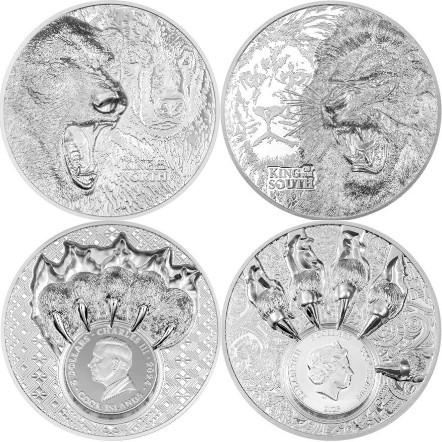 Front of the Silver coin set 2 x 1 oz King of the North & South PF - Ultra High Relief