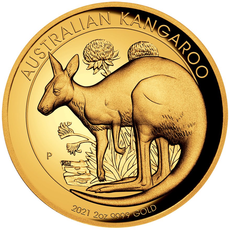 Front of the Gold Kangaroo 2 oz PF - High Relief 2021