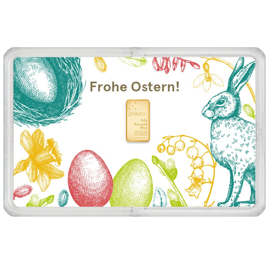 View 1: Goldbarren 0,5 g - philoro Geschenkkarte "Frohe Ostern"