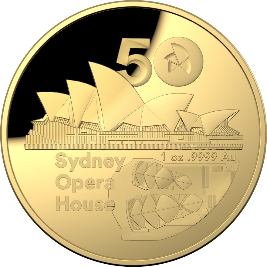 View 1: Gold Sydney Opera House 1 oz PP gewölbte Prägung - RAM 2023