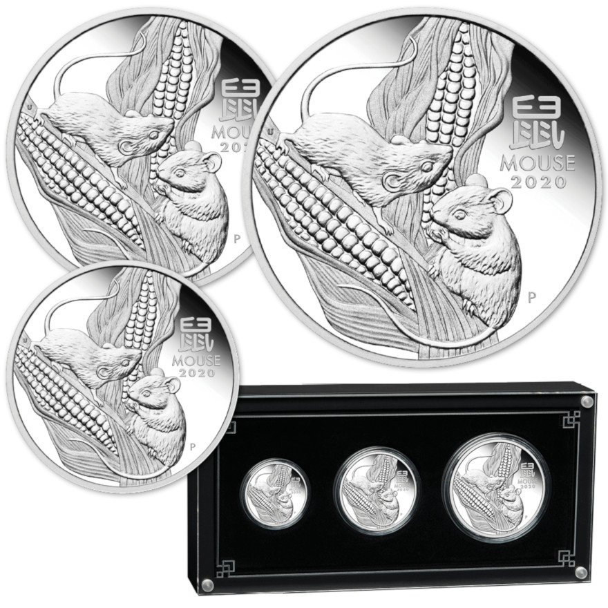 View 2: Silber Lunar III 3 Coin Set PP - Maus 2020