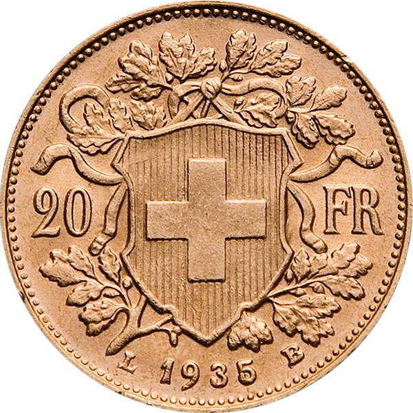 Back of the Gold Vreneli 20 Francs