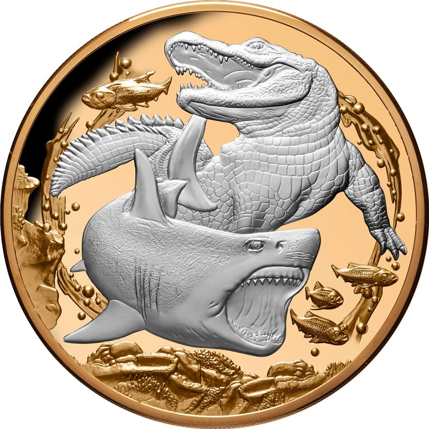 Front of the Silver Shark and Crocodile - 5 oz - Partially Gold-Plated - 2022