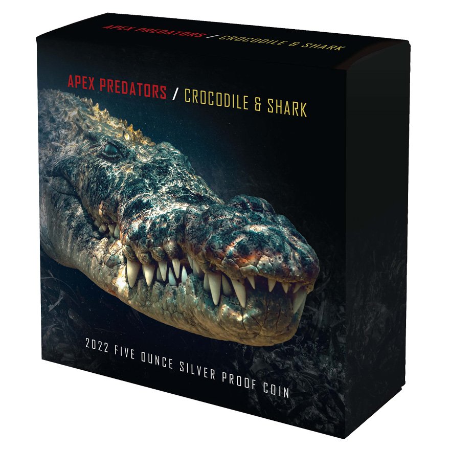 Original coin case of the Silver Shark and Crocodile - 5 oz - Partially Gold-Plated - 2022