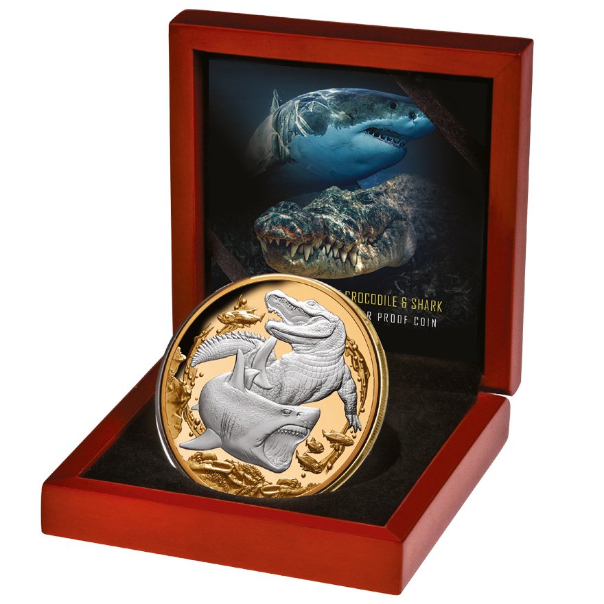 Silver Shark and Crocodile - 5 oz - Partially Gold-Plated - 2022 in the original coin case