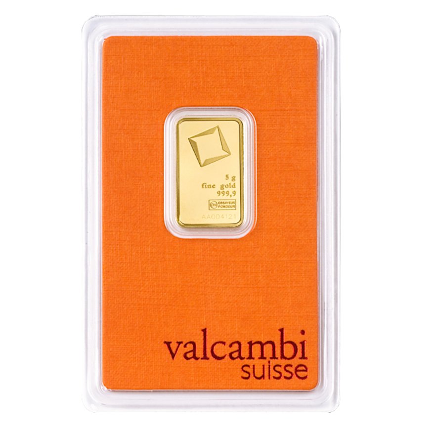 Front of the Gold bar 5 g - Valcambi in the blister card