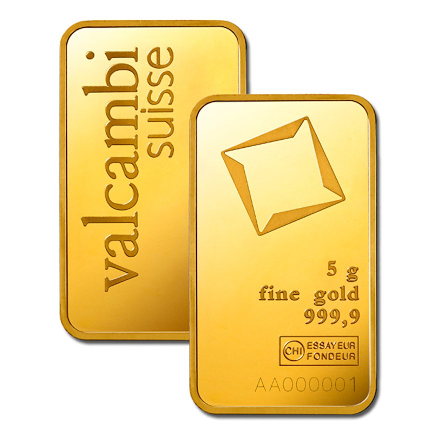 Front of the Gold bar 5 g - Valcambi