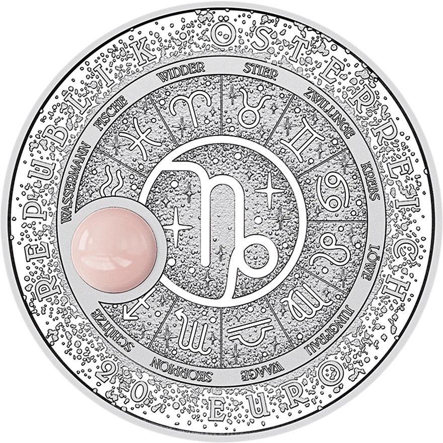 Back of Silver Constellations – Capricorn 20 EUR Proof AUT – Rose Quartz 2025