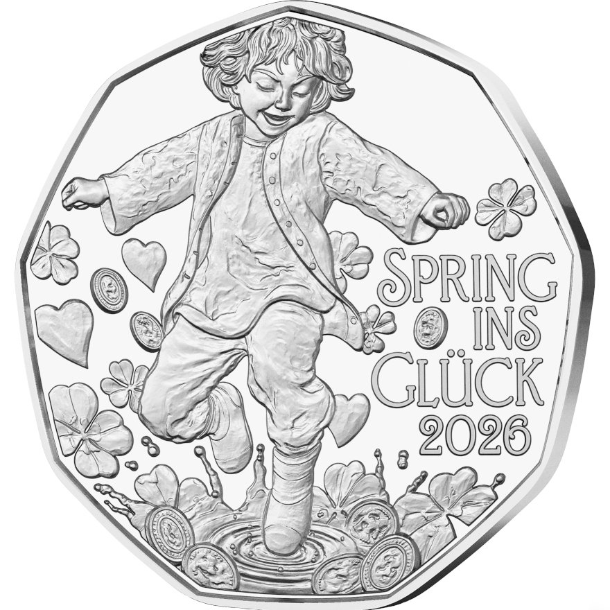 Side view of the Silver New Year coin "Jump into happiness" 5 EUR SU AUT - 2026