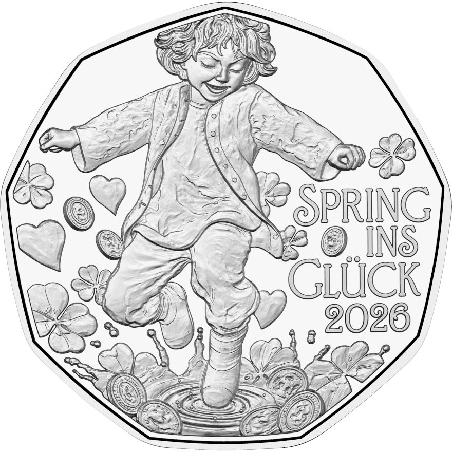 Front of the Silver New Year coin "Jump into happiness" 5 EUR SU AUT - 2026