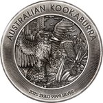Silber Kookaburra 2000 g High Relief - Antik Finish 2020 Front of the Silver Kookaburra 2000 g High Relief - Antique Finish 2020
