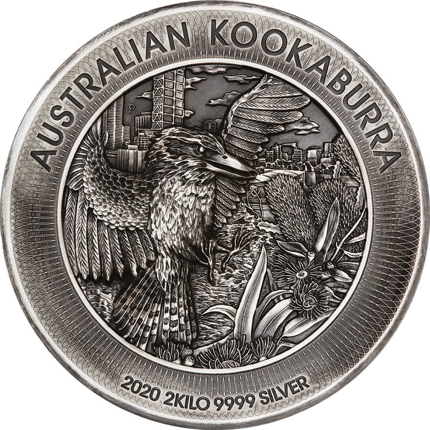 Front of the Silver Kookaburra 2000 g High Relief - Antique Finish 2020