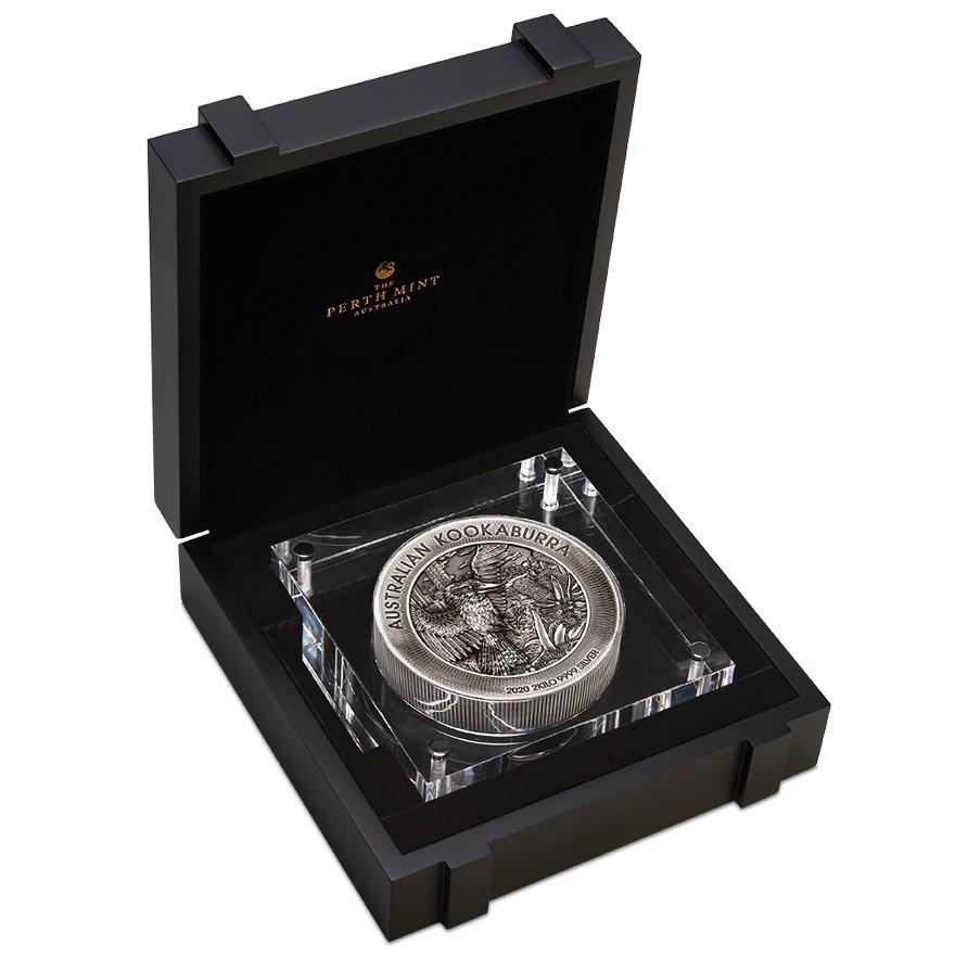 Silver Kookaburra 2000 g High Relief - Antique Finish 2020 in the original coin case