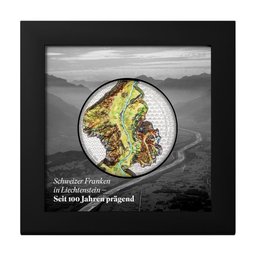 Silver Liechtenstein 100 Years of Swiss Franc 2 oz - Ultra High Relief in the original coin case