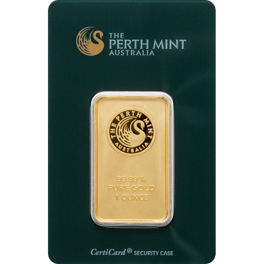 Front of the Gold bar 1 oz - Perth Mint in the blister card