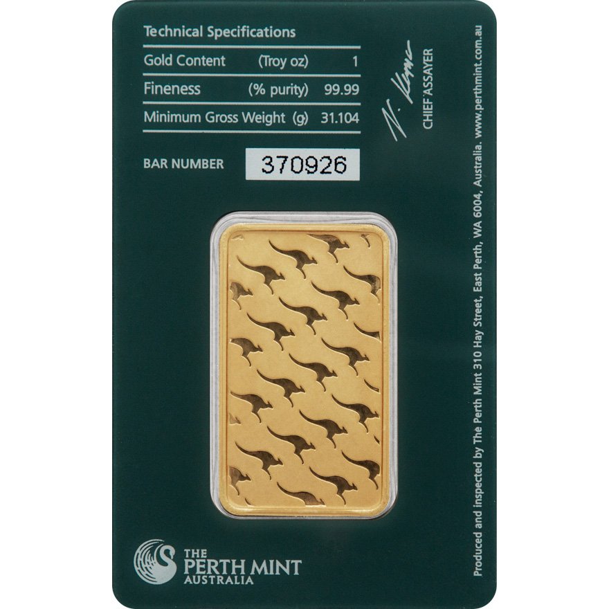 Back of the Gold bar 1 oz - Perth Mint in the blister card