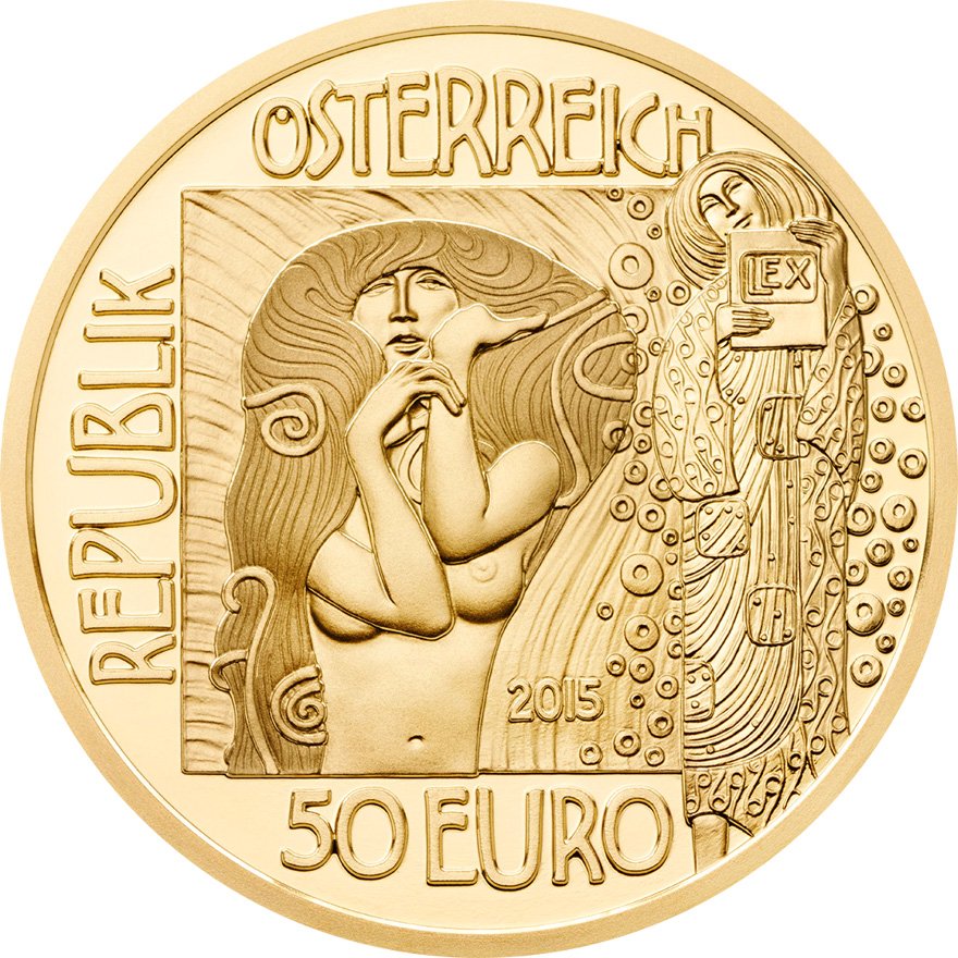 Back of the 50 Euro Gold Coin Medicine - Klimt PF