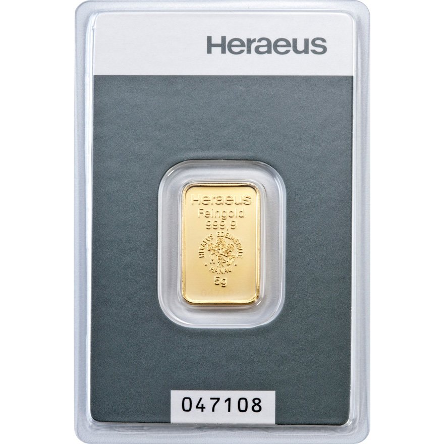 Front of the Gold bar 5g - Heraeus in the blister card