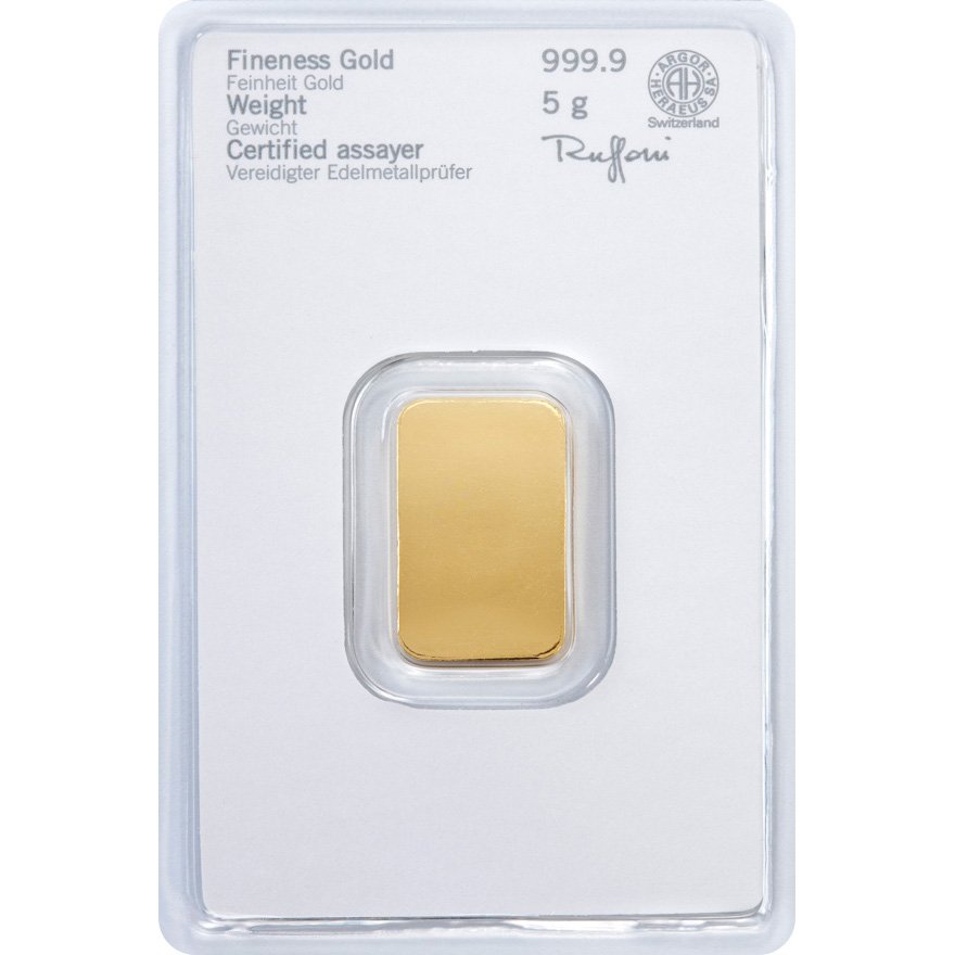 Back of the Gold bar 5g - Heraeus in the blister card