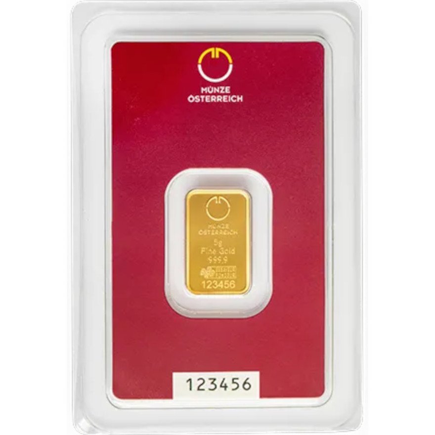 Front of the Gold bar 5 g - Austrian Mint in the blister card