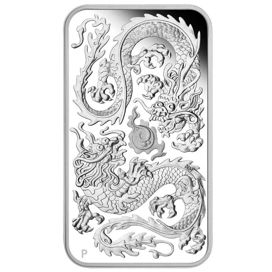 Front of the Silver Dragon 1 oz Rectangle Coin - PF - 2020