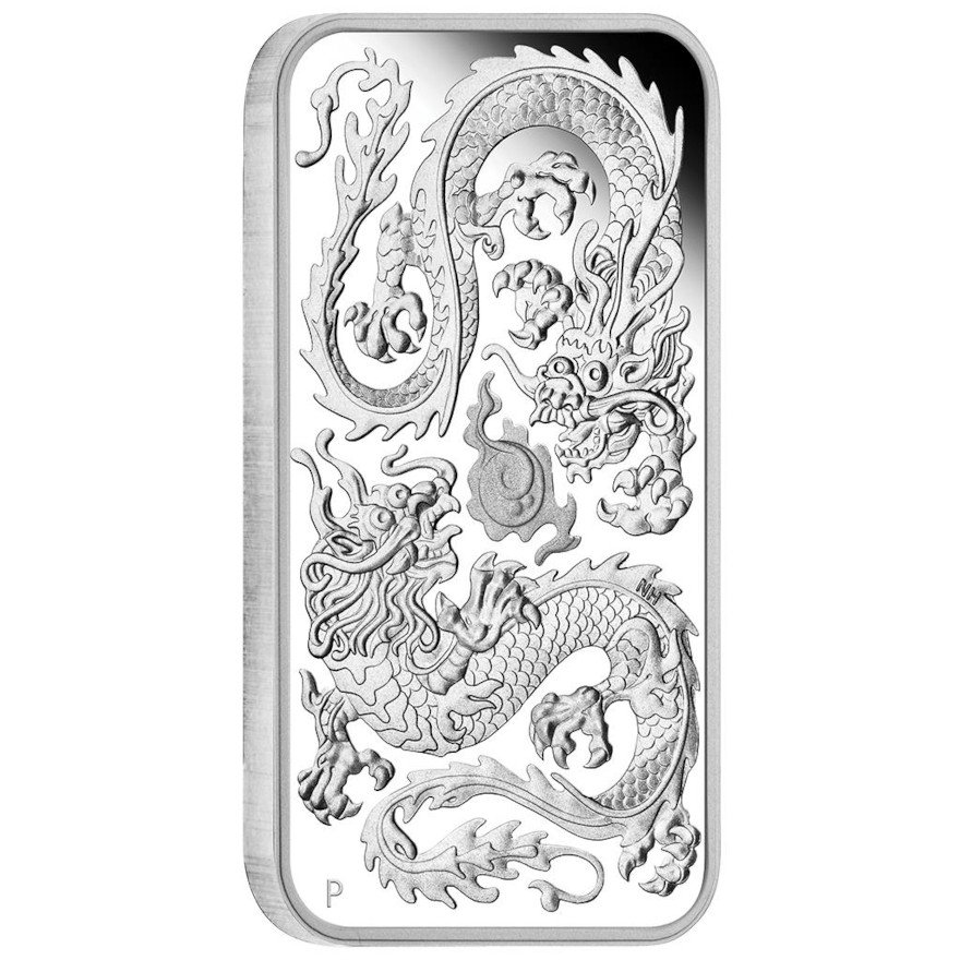 Front of the Silver Dragon 1 oz Rectangle Coin - PF - 2020