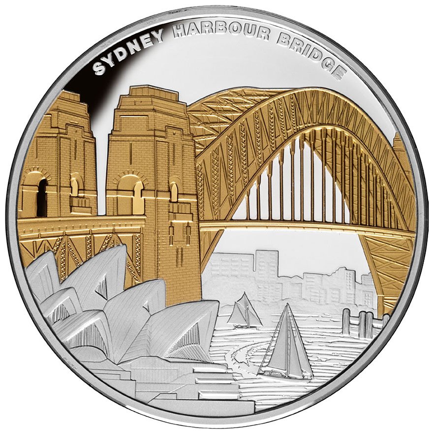 Front of the Silver Sydney Harbor Bridge 1 oz - Partly gold plated - 2022