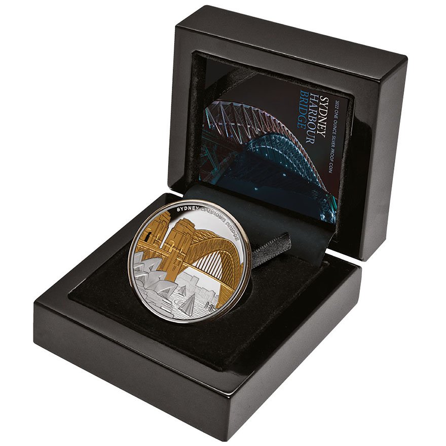 Silver Sydney Harbor Bridge 1 oz - Partly gold plated - 2022 in the original coin case