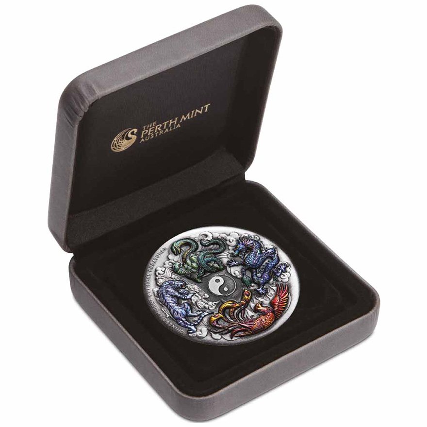 Silver Chinese Mythical Creatures - 5 oz - Antique Finish - in Color in the original coin case