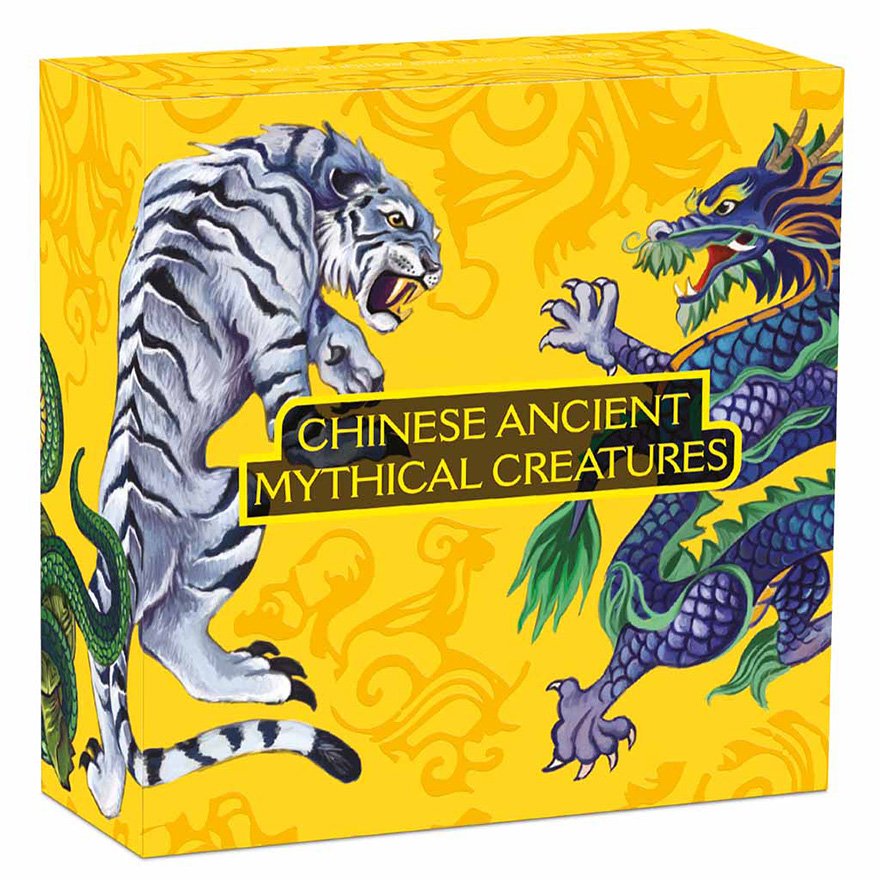 Original coin case of the Silver Chinese Mythical Creatures - 5 oz - Antique Finish - in Color