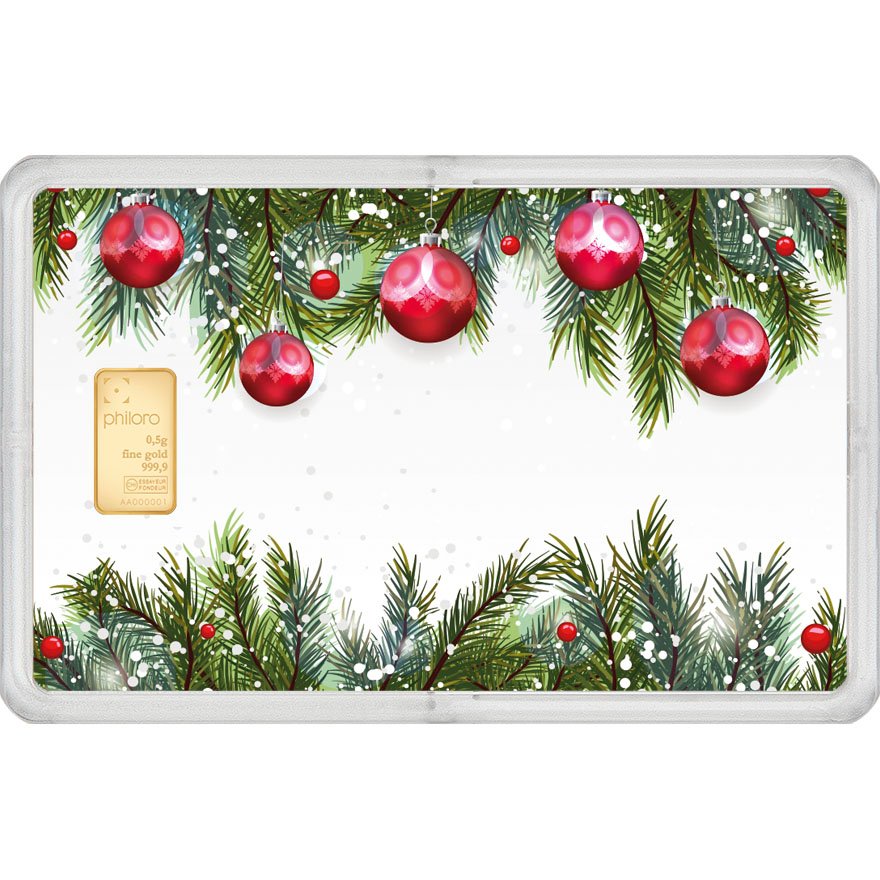 Front of the Gold bar 0.5 g - philoro gift card "Christmas balls"
