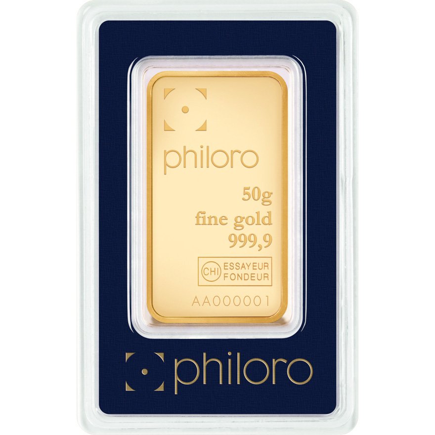 Front of the Gold bar 50 g philoro in the blister card