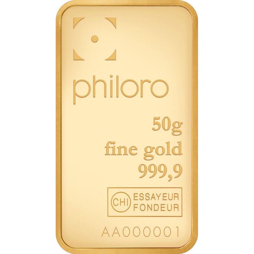 Front of the Gold bar 50 g philoro