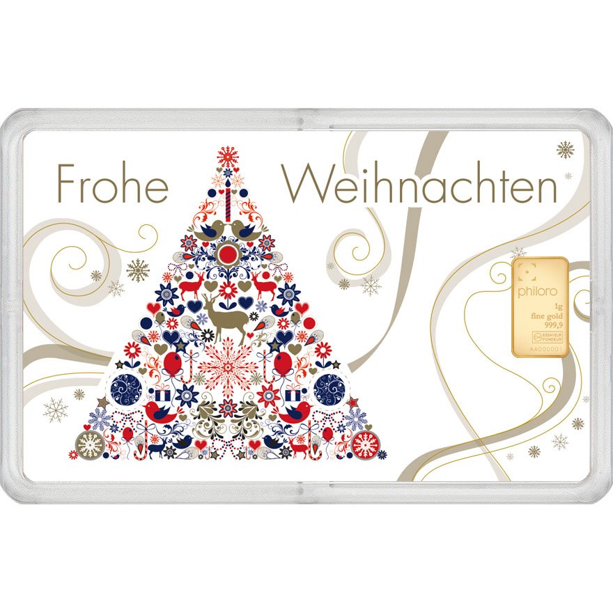 Front of the Gold bar 1 g - philoro gift card "Merry Christmas"