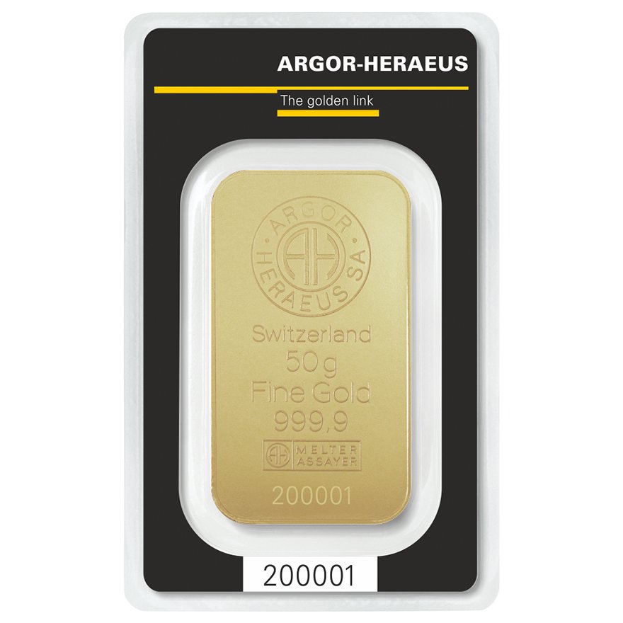 Back of the Gold bar 50 g - Argor Heraeus in the blister card