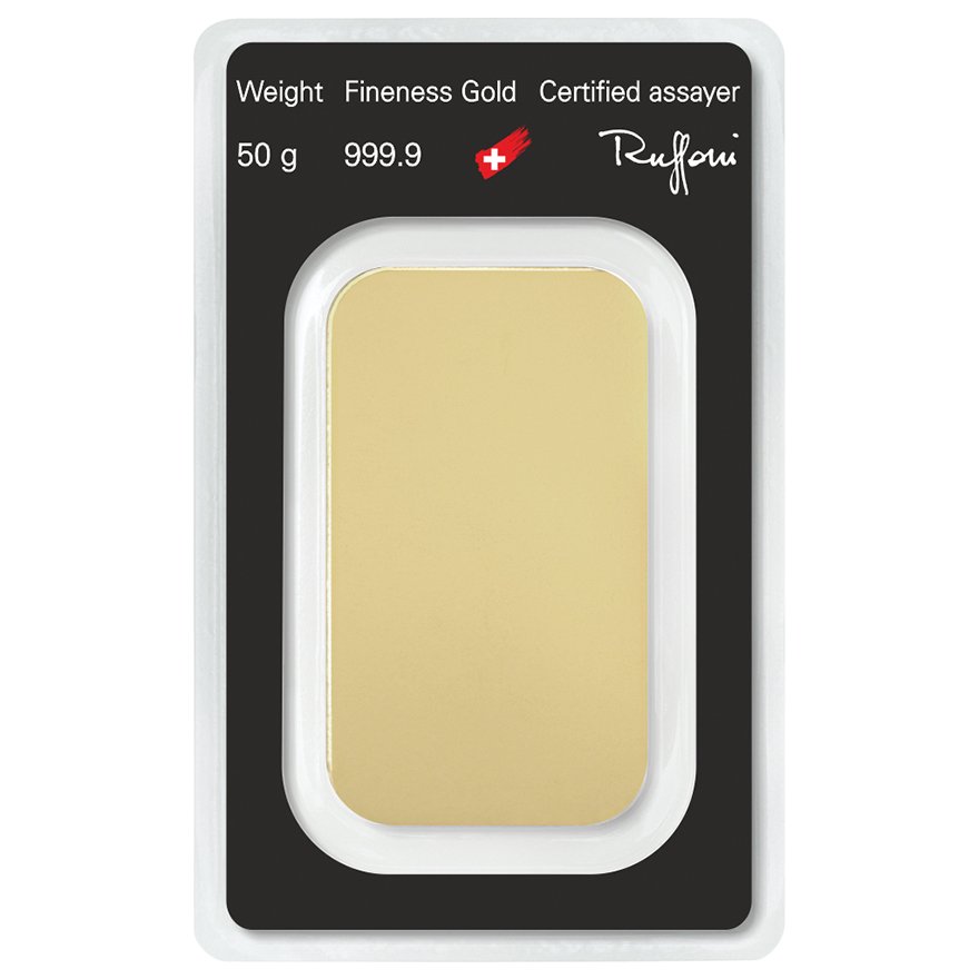 Front of the Gold bar 50 g - Argor Heraeus in the blister card